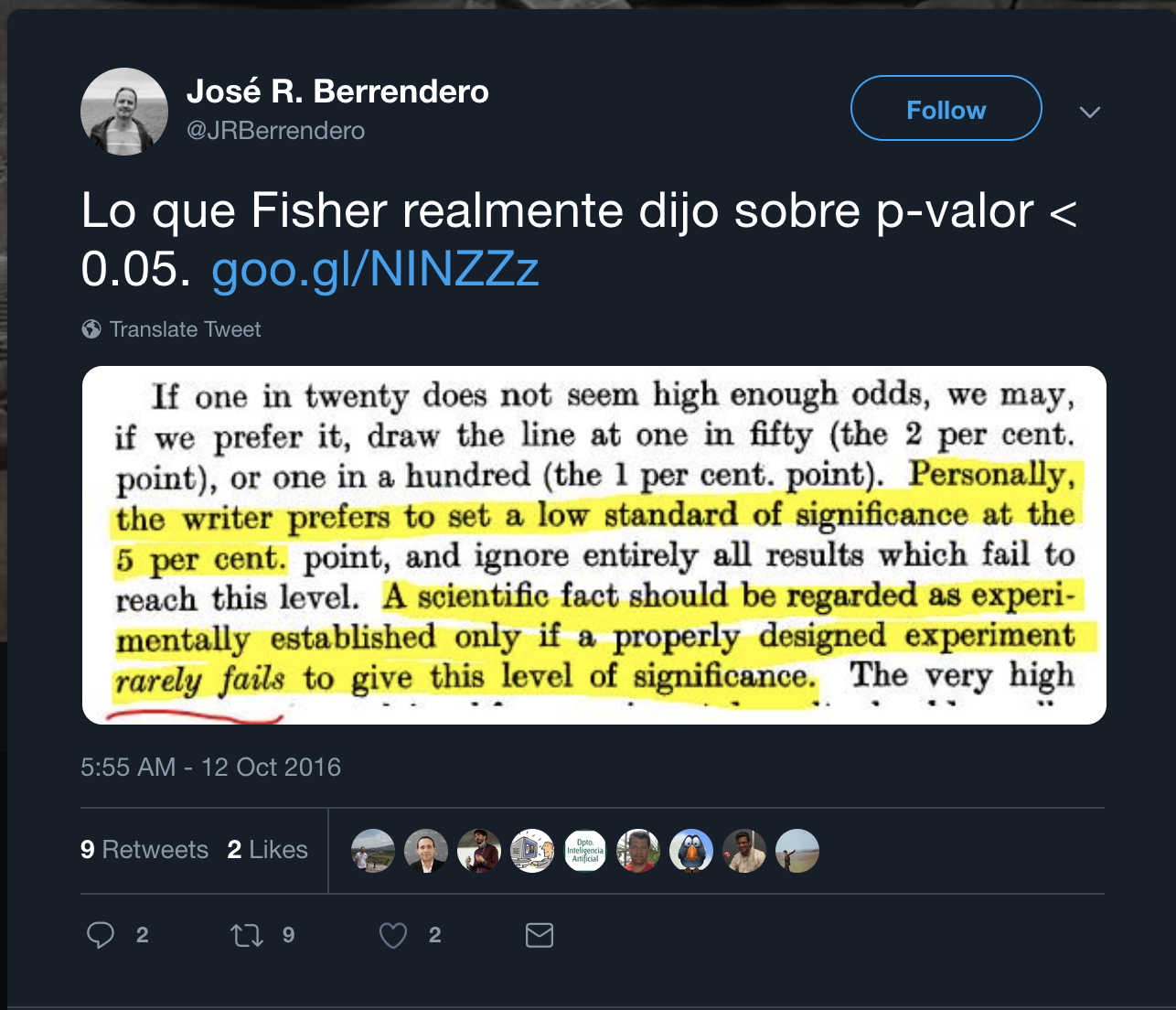 Lo que Fisher dijo de p < 0.05